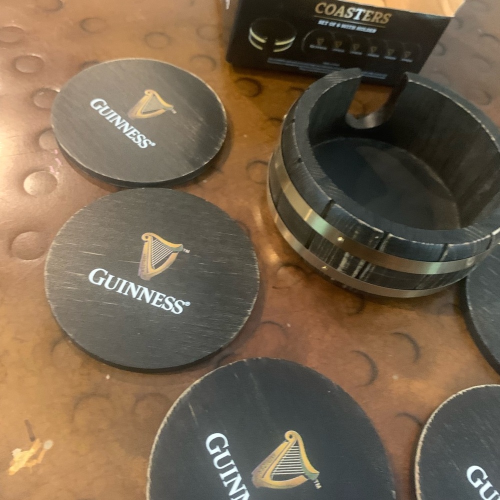 Guinness Coasters Set With Holder 6 Pack Coaster Beer Drink Barrel Wood Gift - Picture 3 of 5